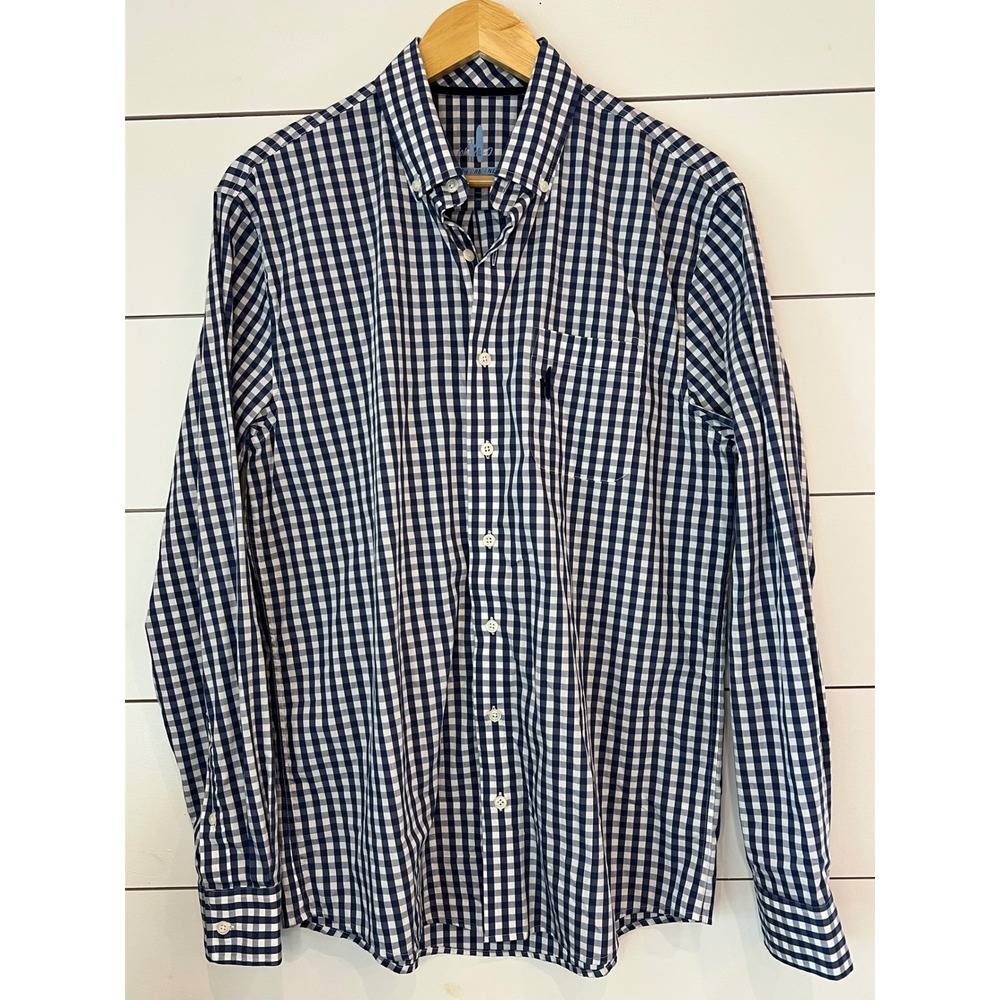 Johnnie-O‎ Prep-Formance Gingham Shirt Mens Medium Navy Blue White Button Down